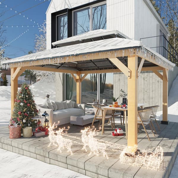 13 ft. x 11 ft. Outdoor Patio Cedar Wood Frame Hardtop Gazebo with Mosquito Netting and Double Galvanized Steel Roof