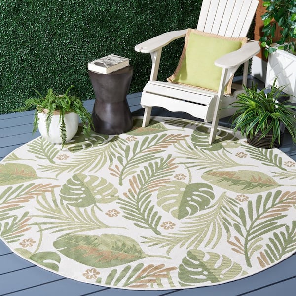 Courtyard Ivory/Green 7 ft. x 7 ft. Leaves Modern Indoor/Outdoor Round Area Rug
