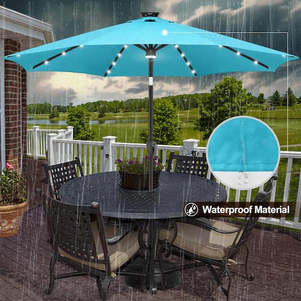 9 ft dark teal patio umbrella Cabana ft. Table with tilt and crank features Create comfortable shade for your next backyard get UV Resistant Blue 9' Greek