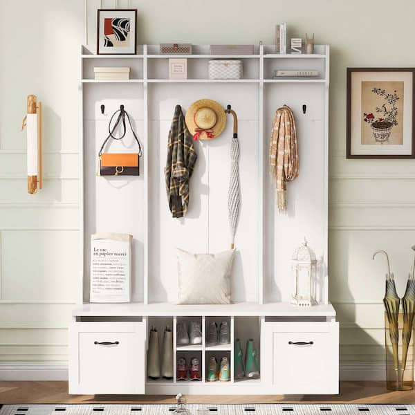 Modern Hall Tree with Coat Rack, 7 Sturdy Hooks, 2 Spacious Drawers and Adjustable Shelves, Metal Handles, White