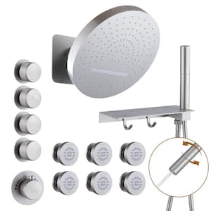 Dual Showers 4-Spray Patterns 12.6 in. Round Wall Mounted Fixed and Handheld Shower Head 1.8 GPM in Brushed Nickel