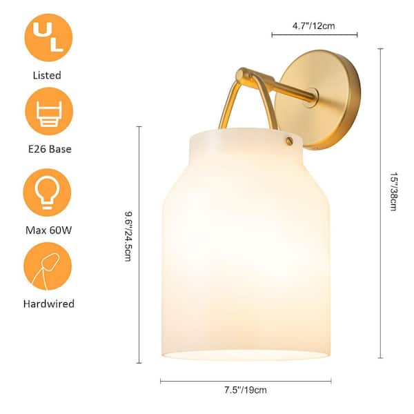 7.48 in. 1 Light White Modern Industrial Wall Sconce Farmhouse Wall Light for Bedroom Brushed Gold Vanity Light Fixtures