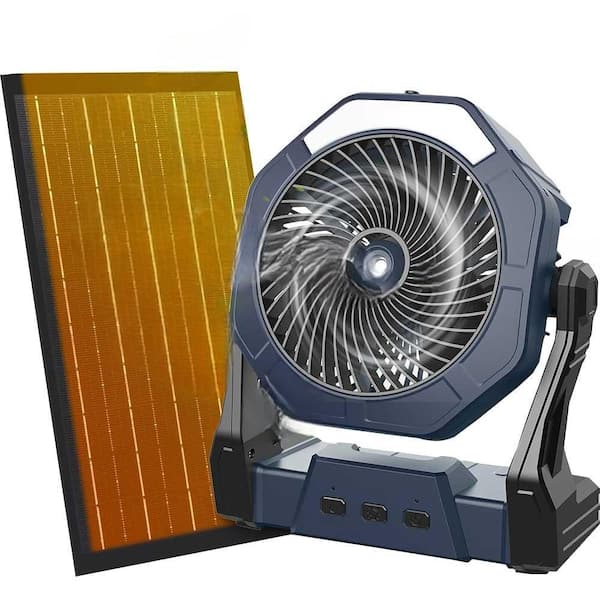 10W Portable Misting Solar Fan 250ml Outdoor Fan with Solar Panel and Hook in Black with LED Lantern Feature
