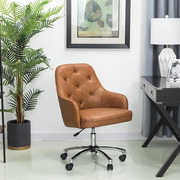 Glitzhome 39 75 In H Camel Brown, Brown Leather Roller Chair