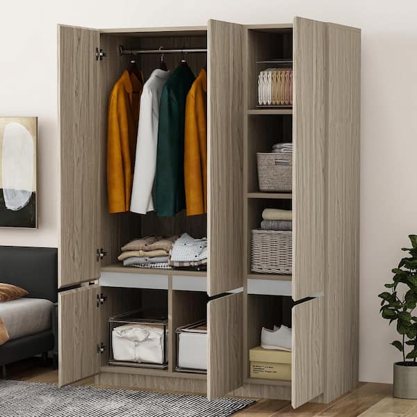 Harper & Bright Designs Natural Wooden 47.2 in. 6-Doors Wardrobe Armoire with Storage Shelves and Built-in Hanging Rail