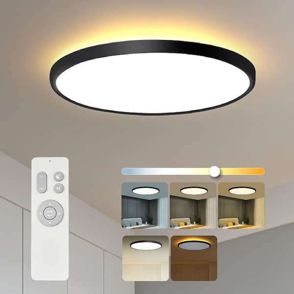 18 in. Black 3-Color Dimmable LED Flush Mount Ceiling Light with Remote and Nightlight Warm White, No Bulb Included