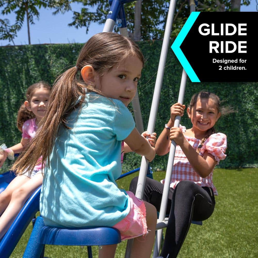 Blue Metal Swing Set with Slide and Glider