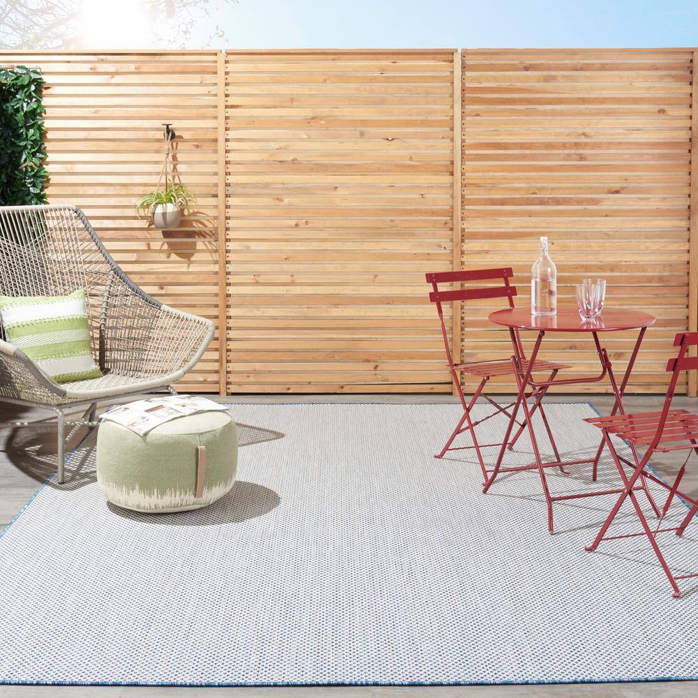 Courtyard Geometric Ivory Blue 10' x 14' Easy-Care Area Rug
