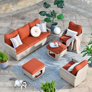 Aphrodite 5-Piece Wicker Outdoor Patio Conversation Seating Sofa Set with Orange Red Cushions