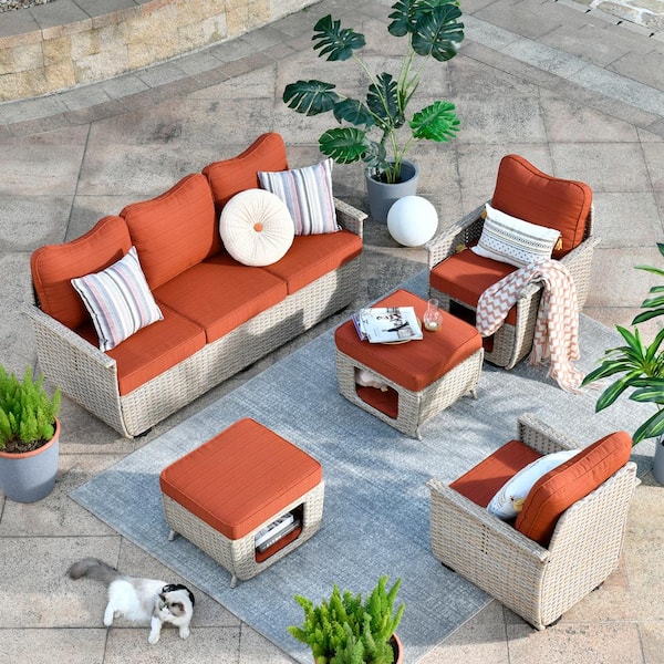 XIZZI Aphrodite 5-Piece Wicker Outdoor Patio Conversation Seating Sofa Set with Orange Red Cushions