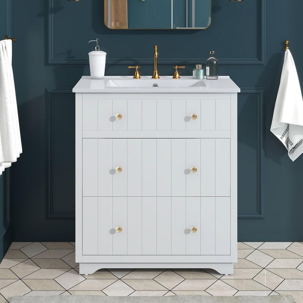 30 in. W x 18 in. D x 34 in. H Freestanding Bath Vanity in White with White