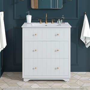 30 in. W x 18 in. D x 34 in. H Freestanding Bath Vanity in White with White Ceramic Top Single Basin Sink