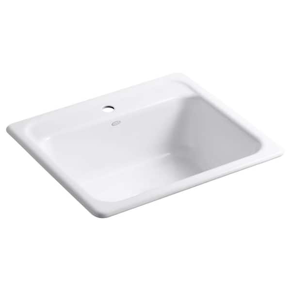 Mayfield Drop-In Cast Iron 25 in. 1-Hole Single Bowl Kitchen Sink in White with Basin Rack