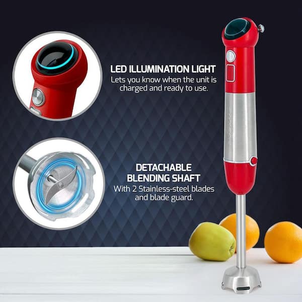 OVENTE Immersion Blender Red Stainless Steel Blades Rechargeable