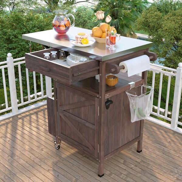 Unbranded - 40.5 in. Brown Outdoor Grill Cart with Stainless Steel Top