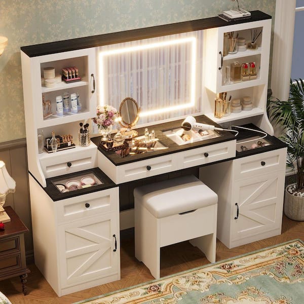 Farmhouse White Makeup Vanity Set with Storage Cushion Stool, Glass Visual Desktop and Charging Station