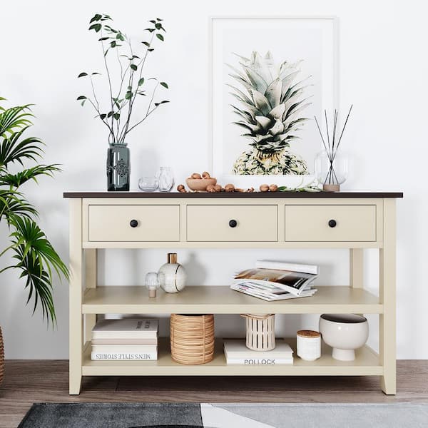 Polibi 50 in. Beige Rectangle Wood Console Table with Two Open Shelves, Pine Solid Wood Frame and Legs for Living Room