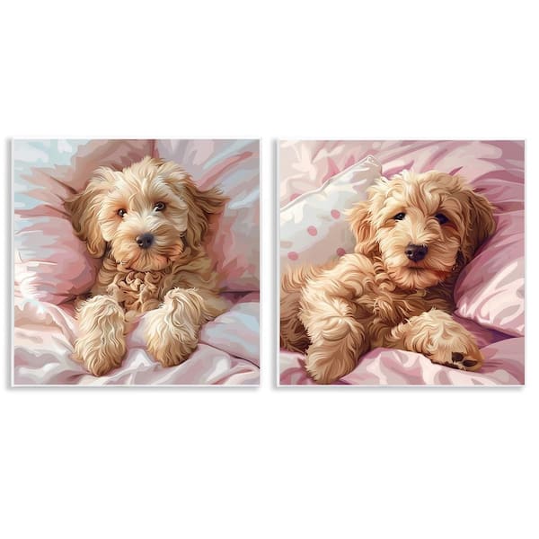 Stupell Industries Cuddling Labradoodle in Bed by Jim Baldwin 2-Pieces Unframed Animal Graphic Art Print 12 in. x 12 in.
