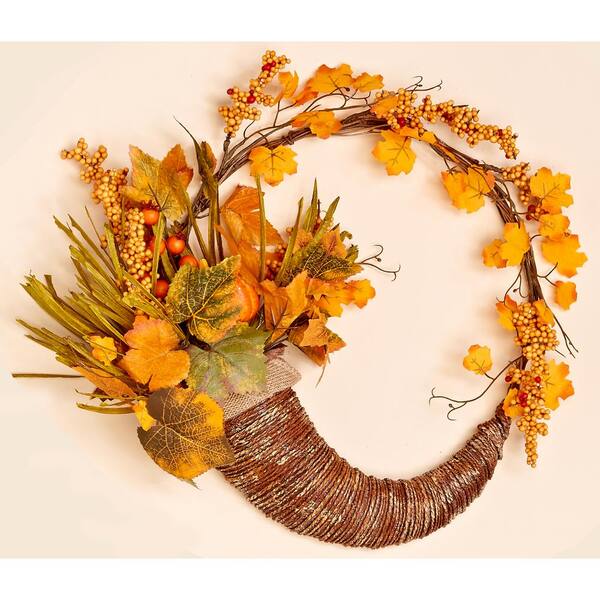 Unbranded 18 in. Artificial Fall Cornucopia Wreath with Long Grasses Berries Pumpkins and Leaves