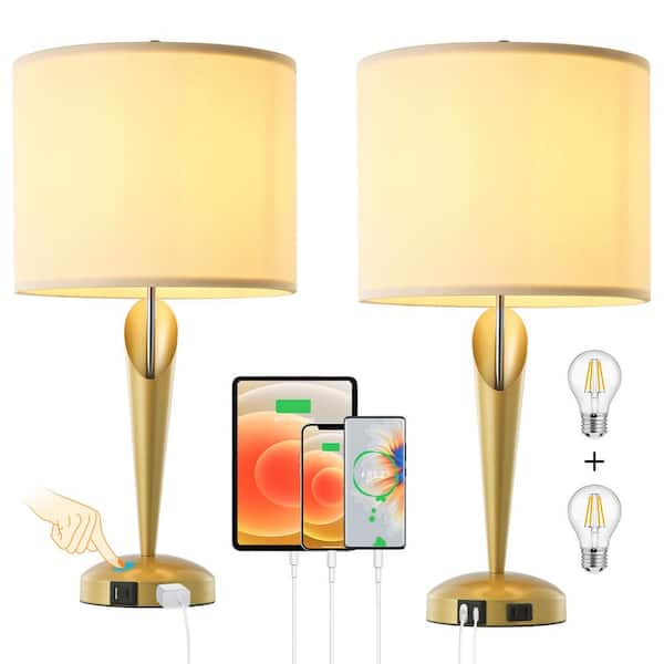 BYBLIGHT Carolene 22 .4 in. Metal Gold Indoor Touch 3-Way Dimmable Table Lamp Set of 2 with USB A+C Charging Ports and AC Outlet