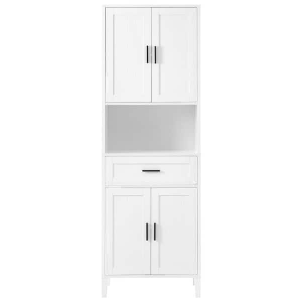 ﻿ 23.6 in. W x 13.8 in. D x 70.9 in. H White Freestanding Bathroom Linen Cabinet with Drawer and Adjustable Shelves