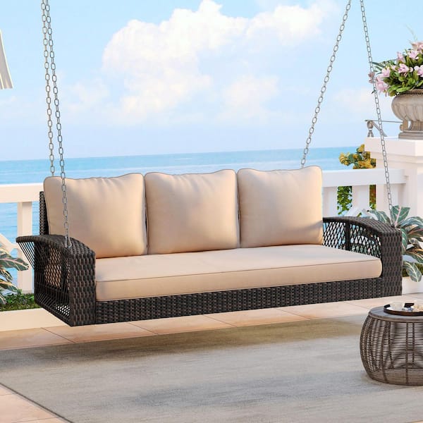 Harper & Bright Designs Brown Wicker 3-Person Outdoor Patio Porch Swing with Chains and Beige Cushions