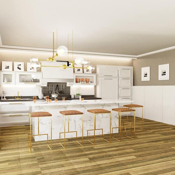 Leisuremod Quincy Quilted Light Brown Leather Bar Stool Brushed Gold Metal Frame with Footrests Counter Height Chair Set of 2