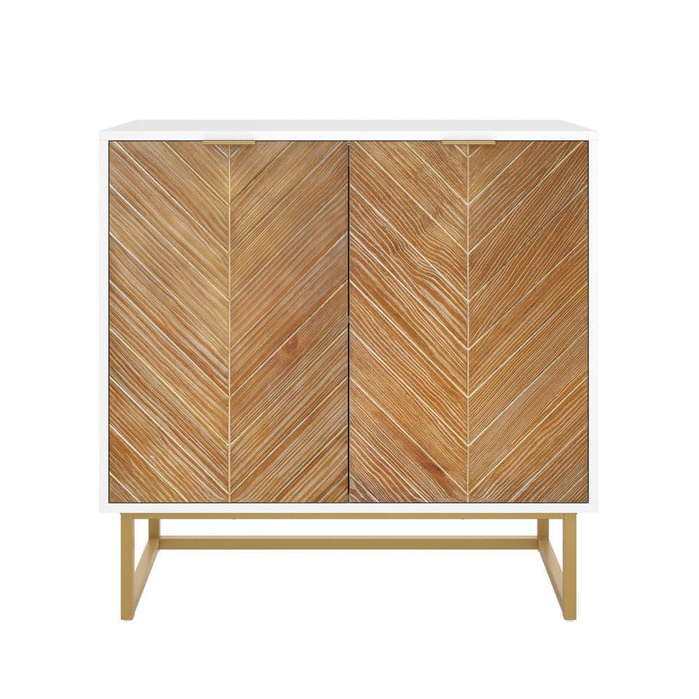 White and Brown Herringbone Freestanding Accent Cabinet with Adjustable Shelving