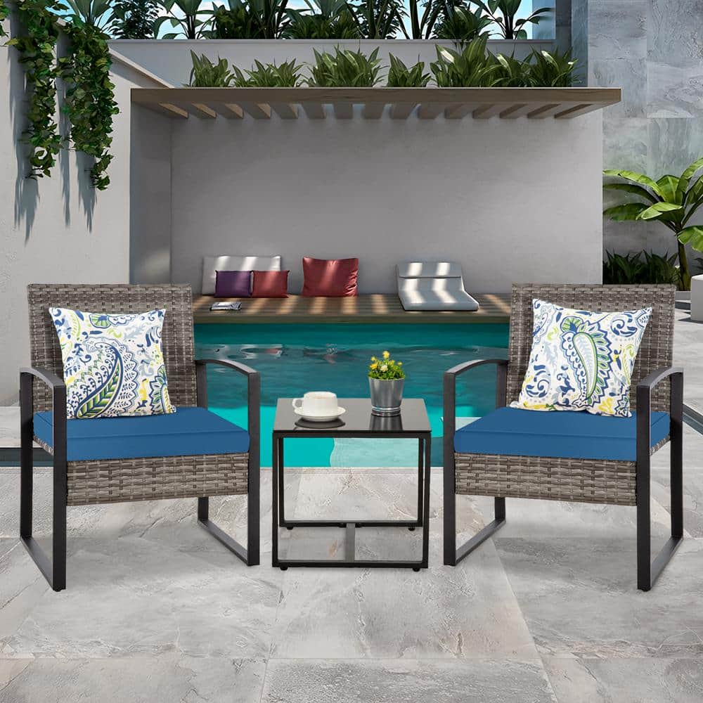 3-Piece Gray Wicker Patio Conversation Set with Coffee Table and Blue Cushi