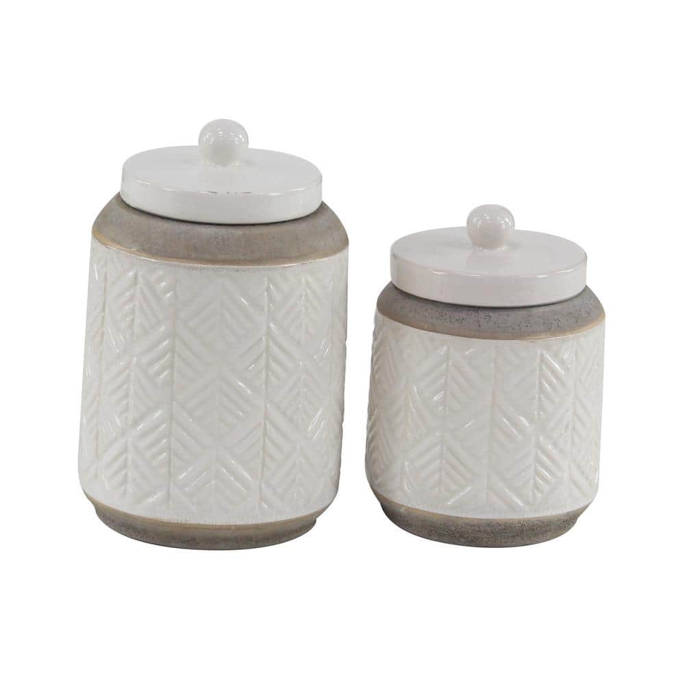 LITTON LANE Medium Beige Cylindrical Ceramic Jar with Lid Set of 2: 6 ...