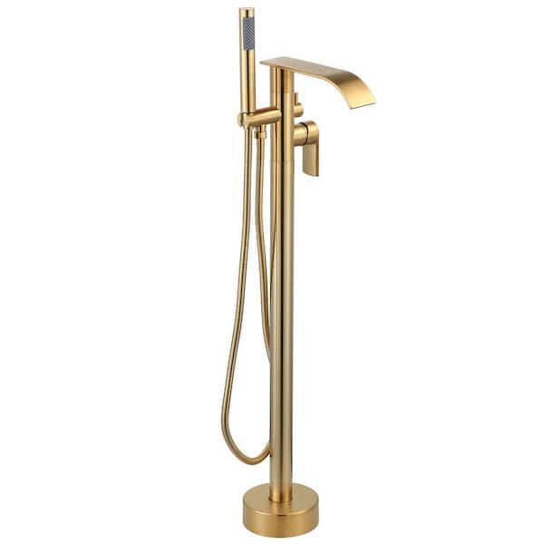 Single-Handle Waterfall Freestanding Tub Faucet with Hand Shower and Diverter in. Gold
