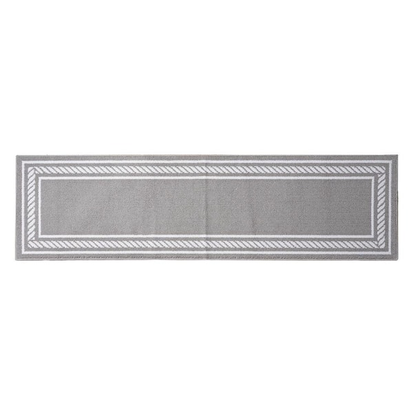 Washable Skid Resistant Light Grey/White 2.2 ft. x 8 ft. All Loop Tufted Area Rug