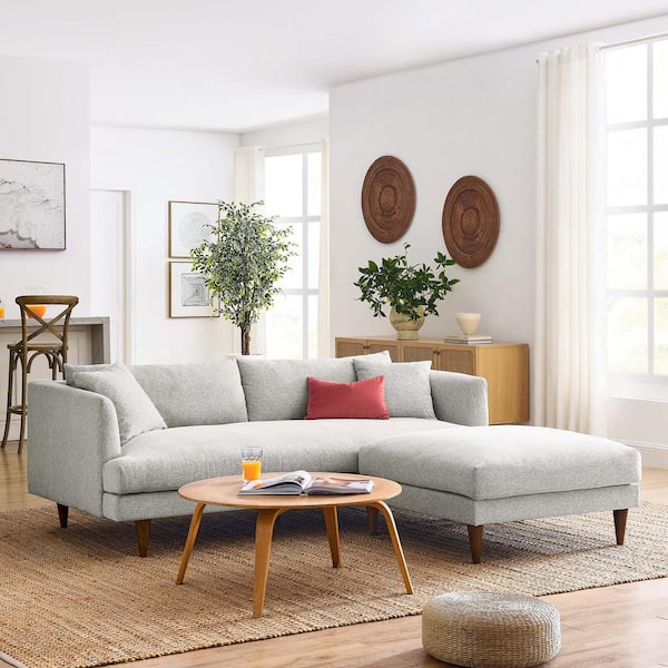 MODWAY Zoya Down Filled Overstuffed Sofa Arm Chair and Ottoman Set in Heathered Weave Light Gray