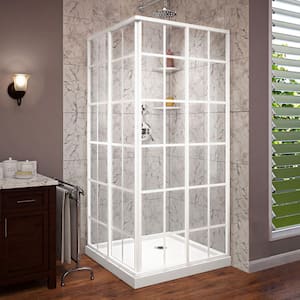 French Corner 36 in. D x 36 in. W x 74-3/4 in. H Sliding Framed Corner Shower Enclosure with Drain White Base
