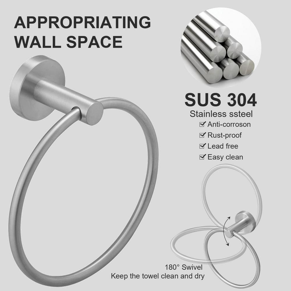 Brushed Nickel 24-Inch Metal Bath Hardware Set with Towel Ring and Hooks