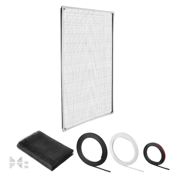 Magnetic Window Screen, 58. 27x39. 17 in. PVC and Fiberglass Mesh, White Frames with Black Magnetic Strip and Wind Clips