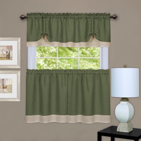 ACHIM Darcy Green/Camel Polyester Light Filtering Rod Pocket Tier and Valance Curtain Set 58 in. W x 36 in. L