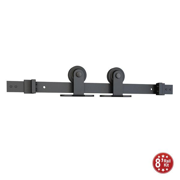 Black Solid Steel Sliding Rolling Barn Door Hardware 8 ft. Kit for Single Wood Doors