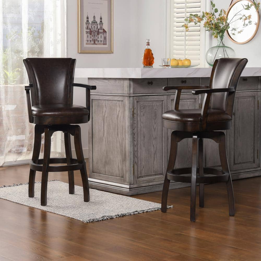 Williams 31" Vintage Brown Faux Leather Swivel Bar Stool with Armrests