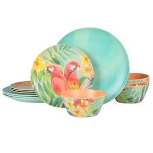 Tropical Parrots 12-pieces Melamine Dinnerware Set in Assorted Designs