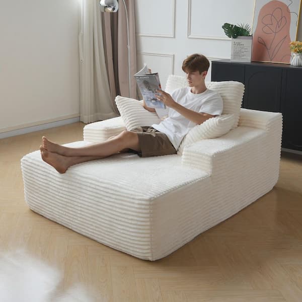 Ready-to-Enjoy Beige Square Arm Corduroy Velvet No Assembly Chaise Lounge