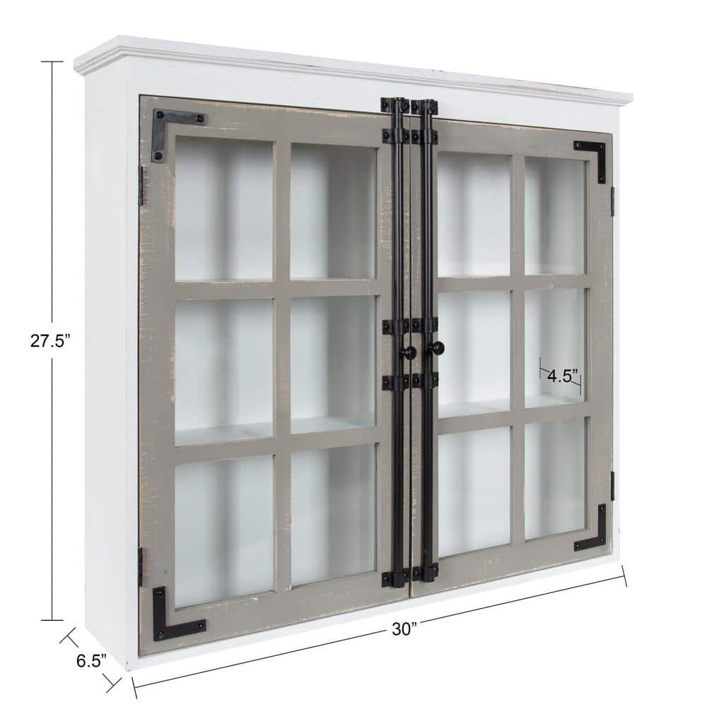 White and Gray Farmhouse Wood Wall Cabinet with Glass Doors