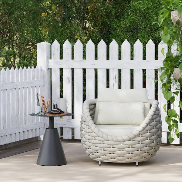 TWT Bird's Nest Shape Beige Aluminum Olefin Woven Rope Outdoor Single Sofa Patio Chaise Lounge with Cream Cushions