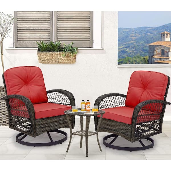 HOMMOW 3-Piece Wicker Outdoor 360° Swivel Patio Chairs, Patio Conversation Set with Red Thickened Cushions and Glass Table