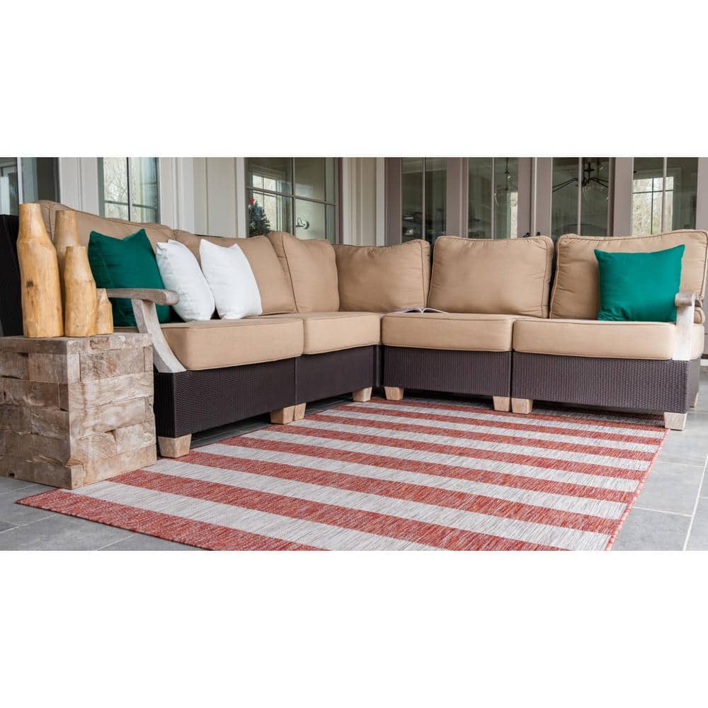 Rust Red Stripe Easy-Care Outdoor Rug 5' x 8' - Reversible & Washable
