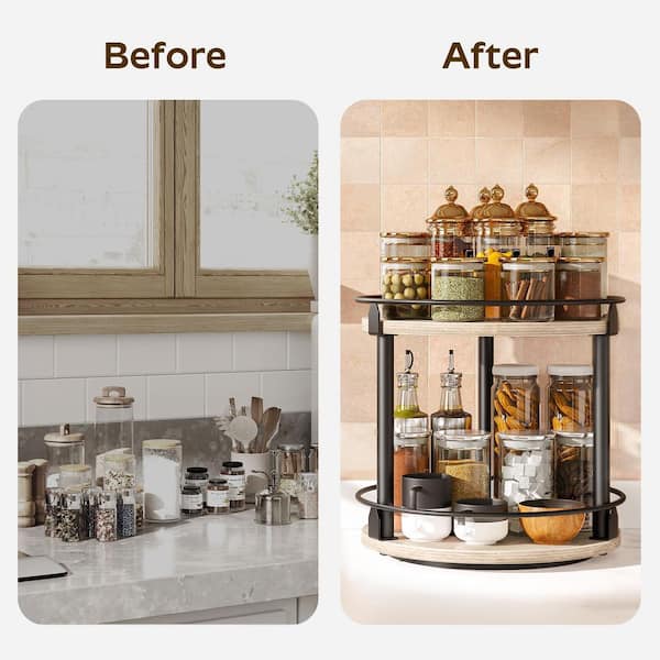 Wudkey 2-Tier Greige Rotating Spice Rack, Lazy Susan Organizer