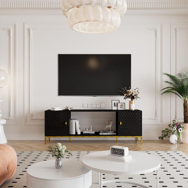 Clihome 70 in. Black Wood TV Stand TV Cabinet Console Table Fits TV's up to 80 in. w Support Legs and Adjustable Shelves