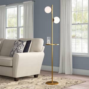 New York 65 in. Yellow Bronze Tray Table Floor Lamp with White Jade Glass Shade