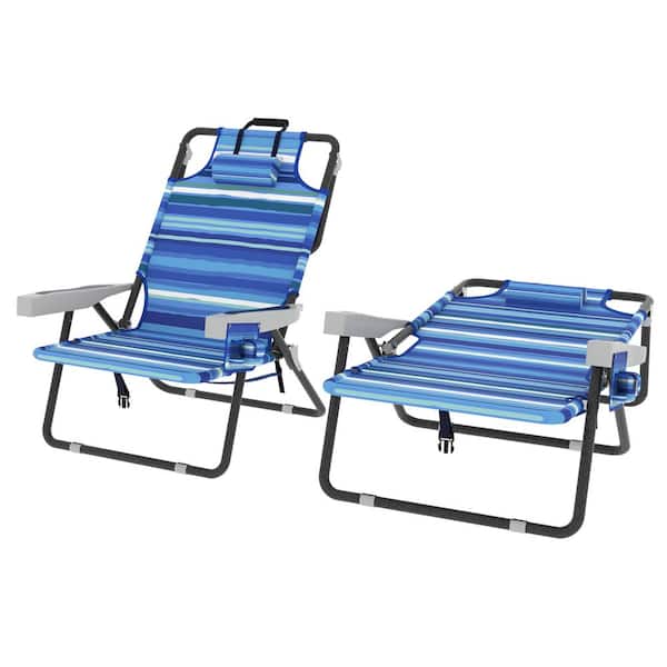 VEIKOUS 2-Pack Folding Portable Metal Beach Chairs with Removable Pillows and 5-Position Adjustable Backrest in Blue Stripe