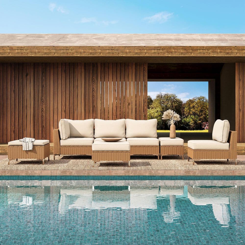 Beige and Brown Steel Frame 7-Piece Outdoor Sectional Sofa Set